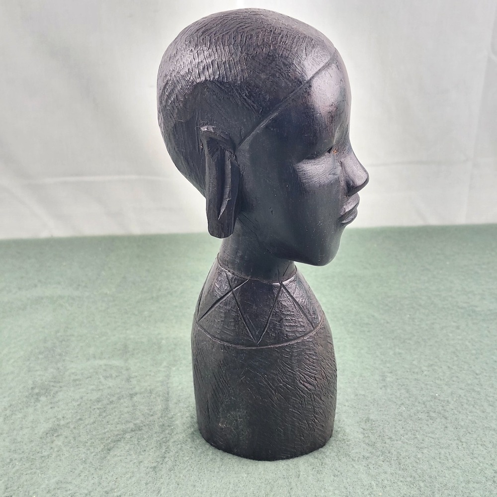 Vintage Kenya African Tribal Hand Carved Sculpture Ebony Wood‎ Bust Statue 10" - Picture 4 of 9